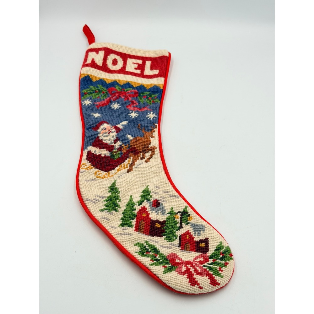 Needlepoint Christmas Stocking Noel Santa Sleigh Reindeer 18" Red